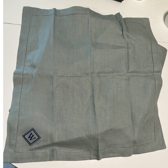7 Pottery Barn Hemstitched 100% Linen Green Napkins Monogram W table Decor Party - Picture 2 of 4